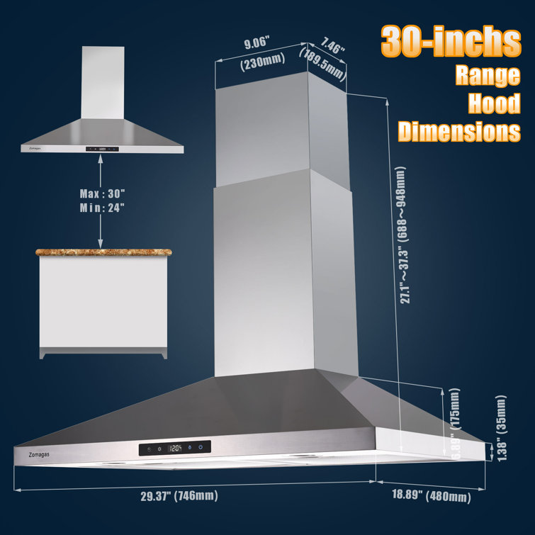 Zomagas 30" 450 CFM Convertible Wall Mount Range Hood in Stainless